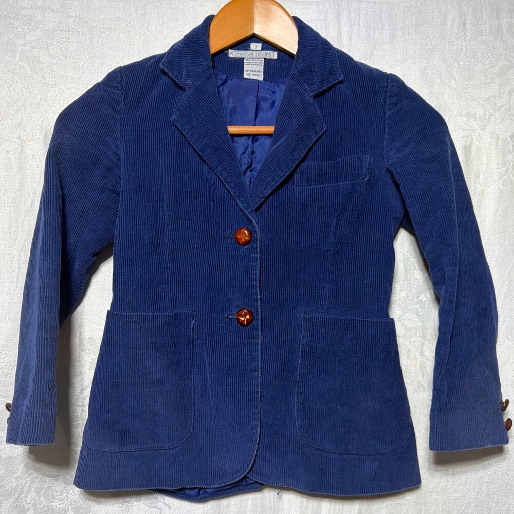 Michel Andre Sport Coat Youth 7 Navy Blue Corduroy Brown Woven Buttons Preppy